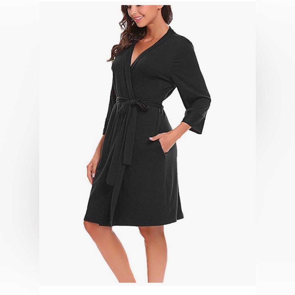 Bluetime Women’s Small Black Kimono Robe Bathrobe Belted Wrap Loungewear